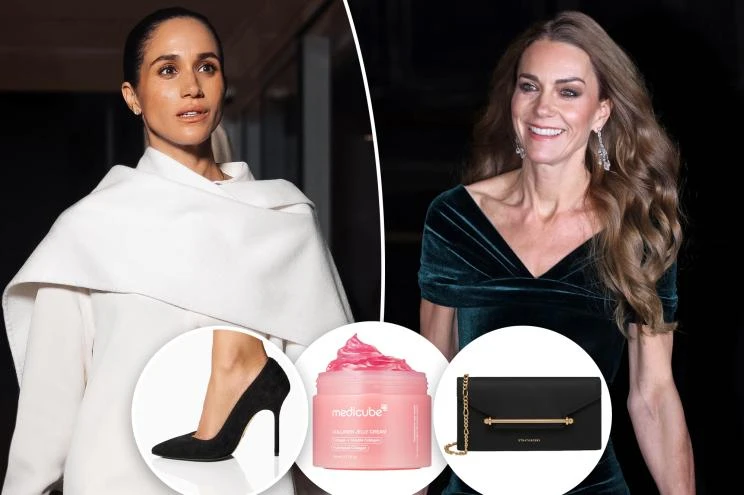 A split of Meghan Markle and Kate Middleton with insets of a pump, Medicube collagen jelly and a Strathberry purse