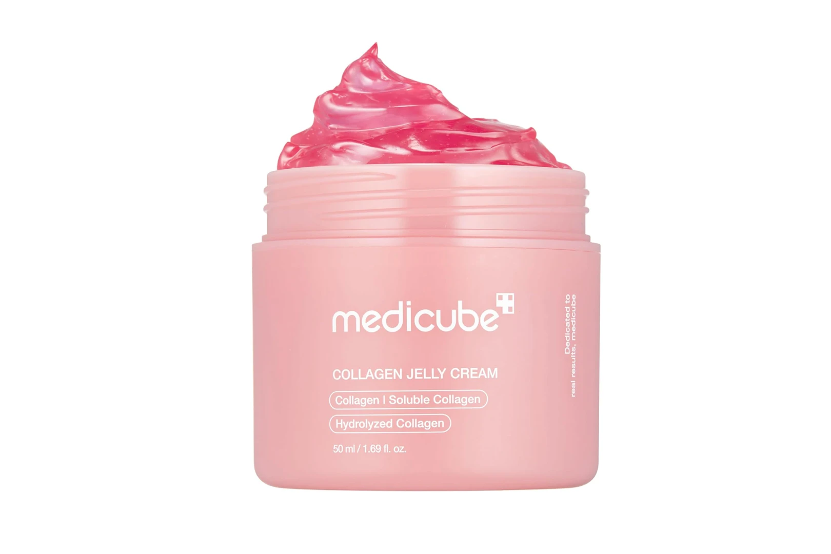 Pink jar of Medicube Collagen Jelly Cream, with a dollop of the pink jelly cream on top.