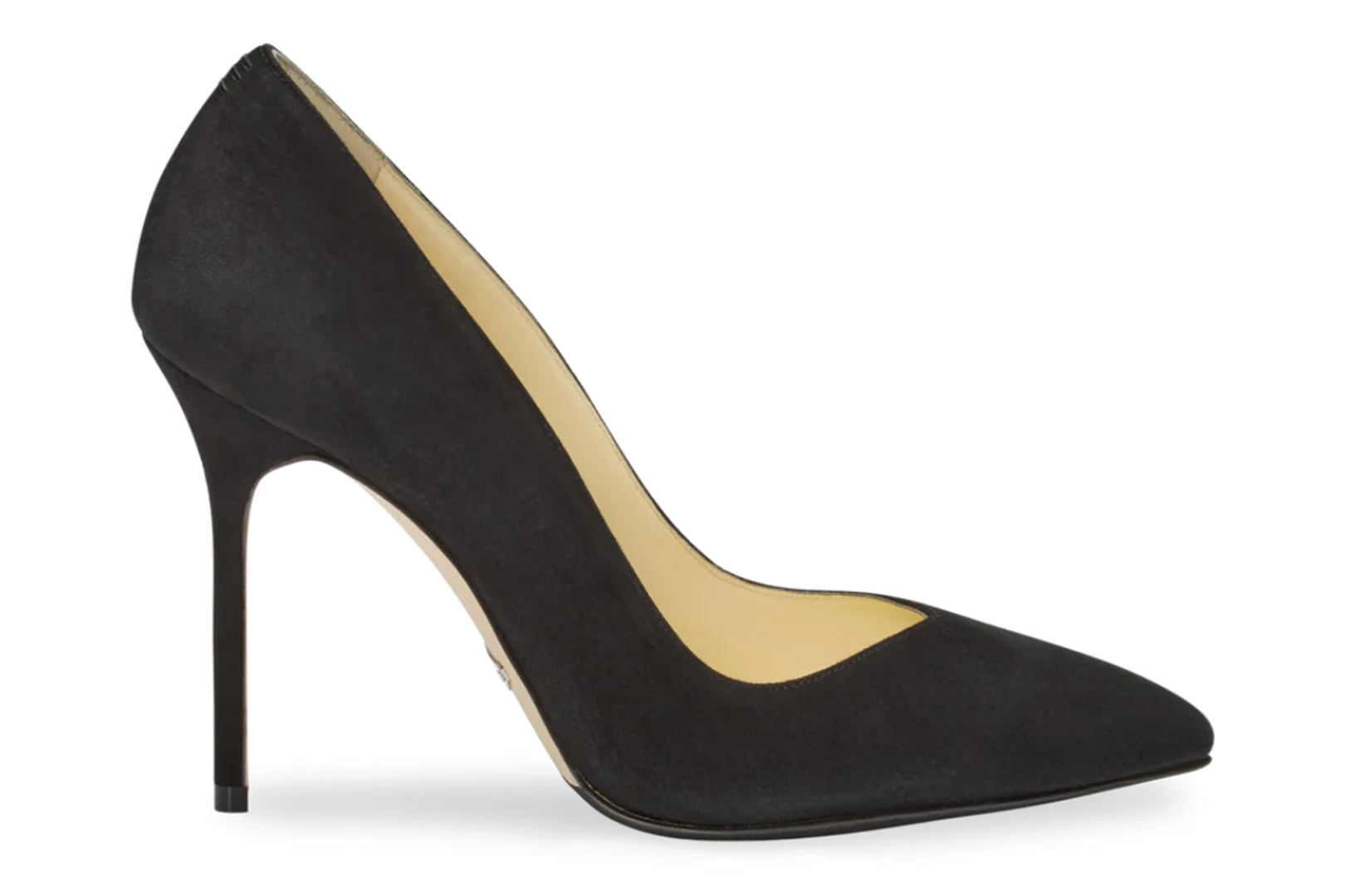 Black suede high-heeled pump with pointed toe and stiletto heel.